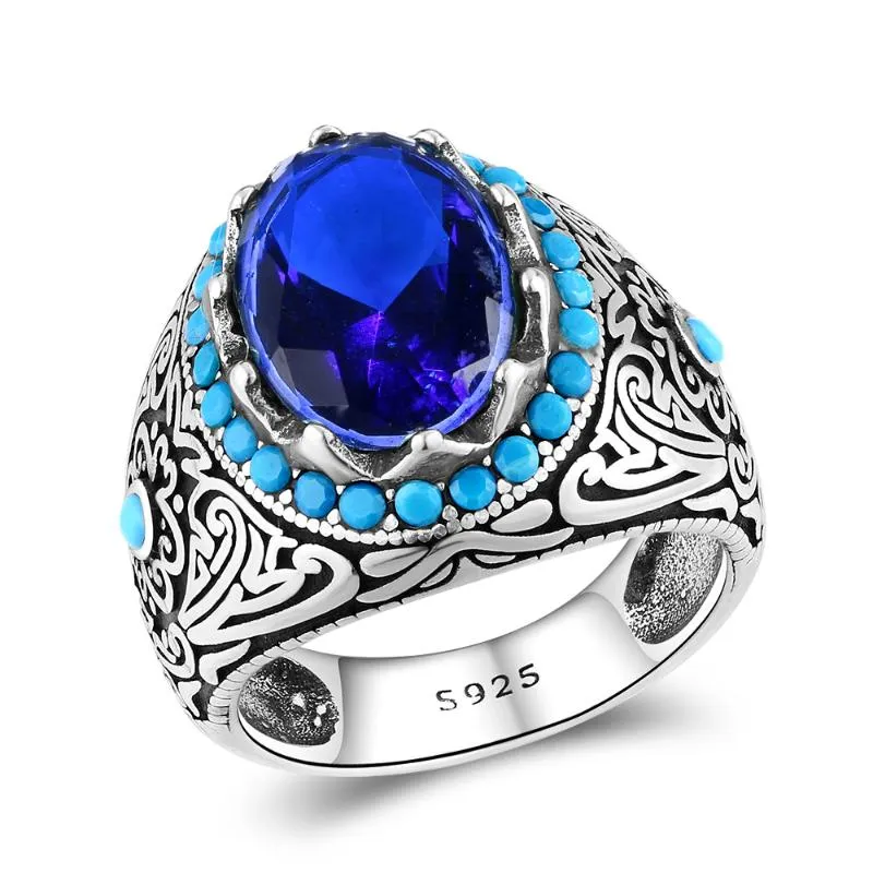 Anéis de cluster 925 anel de prata esterlina luxo safira azul escuro zircão pedra para homens mulheres gemstone jóias finas gift276u