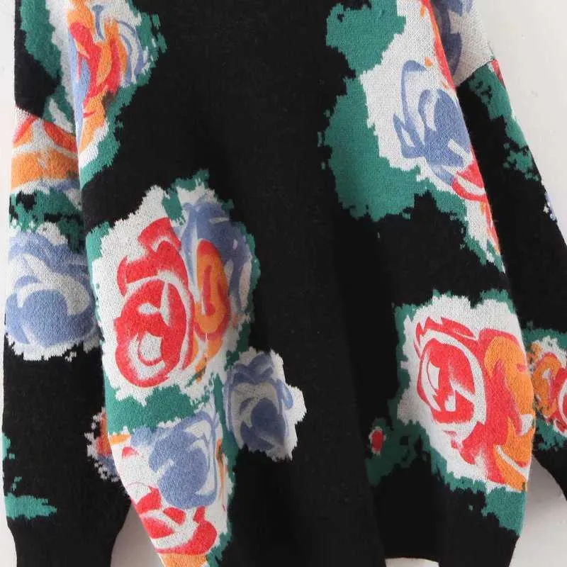 ビンテージシックな女性の花のプリントセーターファッションエレガントな女性のブラックオネックプルオーバーカジュアルジャンパー210531