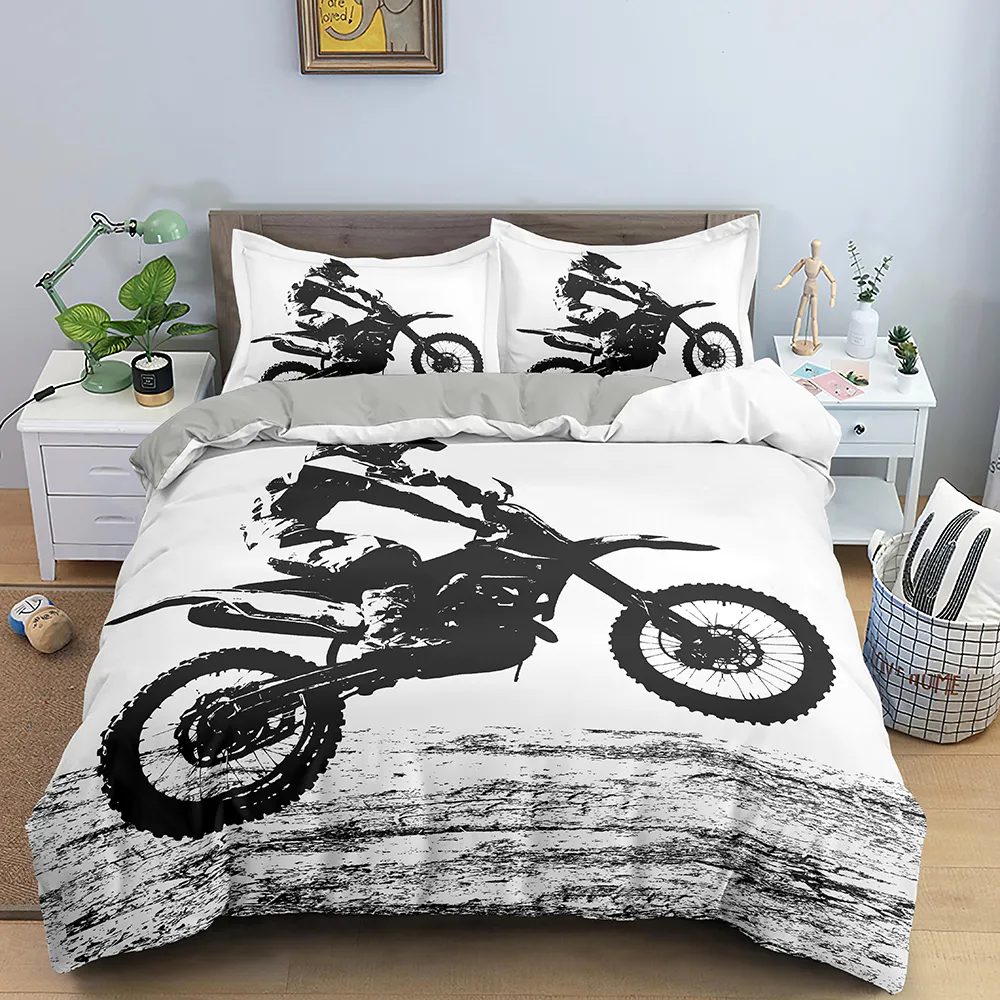 Housse de couette imprimée en 3D Dirt Bike Motocross Rider Couette Couverture Moto Extreme Sport Jeu Literie Ensemble pour enfants garçons adolescents 210319