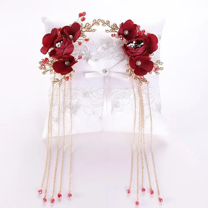 Chinesische klassische Braut Hochzeit Schmuck Zubehör rote Rose Blume Quaste Pins Kristall Braut Haarnadeln Kopfschmuck BH