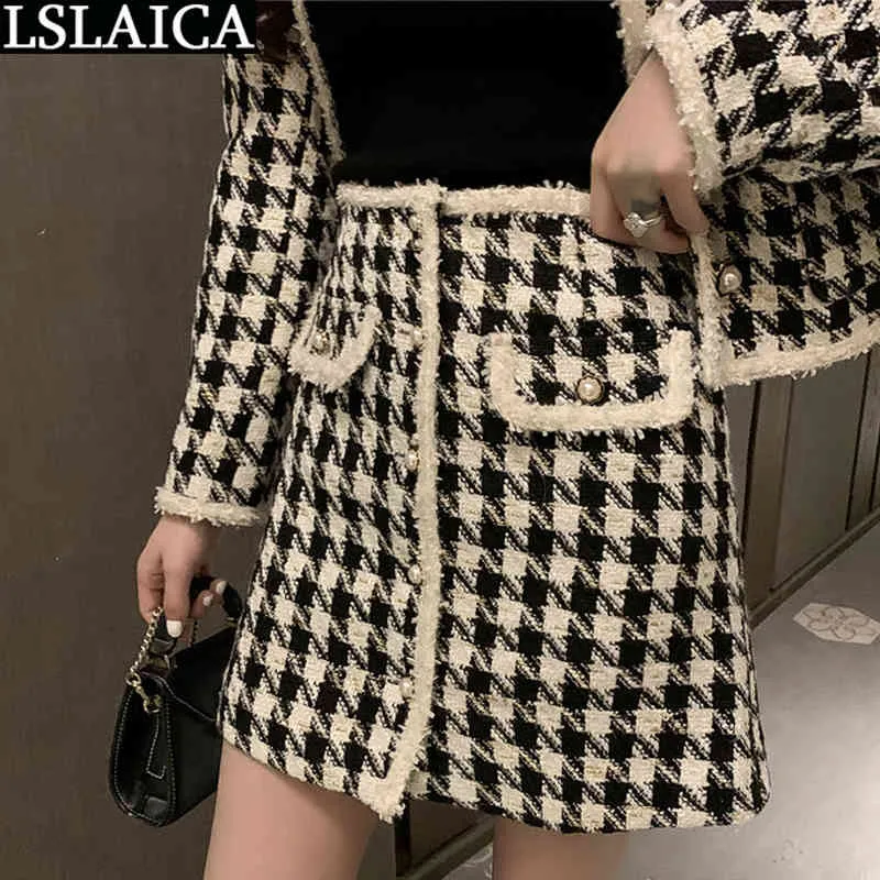 Skirt Set for Women Plaid Button Slim Party Clothes Fashion Sale Elegant Long Sleeve Two Piece Fall 210515