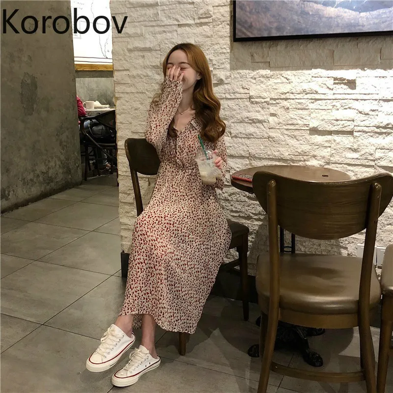 Korobov koreanska chic print elegant klänning hög midja höft en linje vestido o neck långärmad lång semester ropa våren ny 2a749 210430