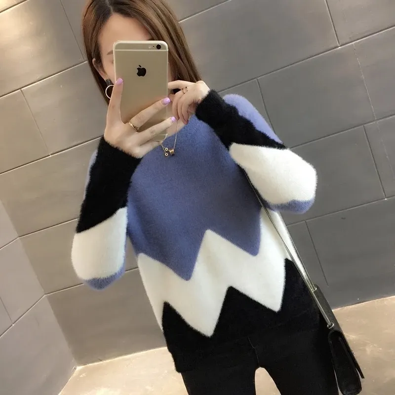 Maglione di velluto d'acqua autunno e inverno Testa di donna Camicia a maniche corte abbinata a colori sciolti Tide 210427