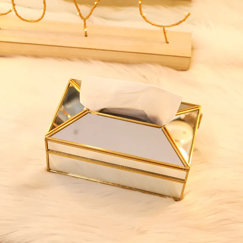 Boîte de mouchoirs de luxe en verre doré européen maison salon boîte de rangement de mouchoirs de maquillage avec couverture de miroir porte-serviettes Box-40 210326