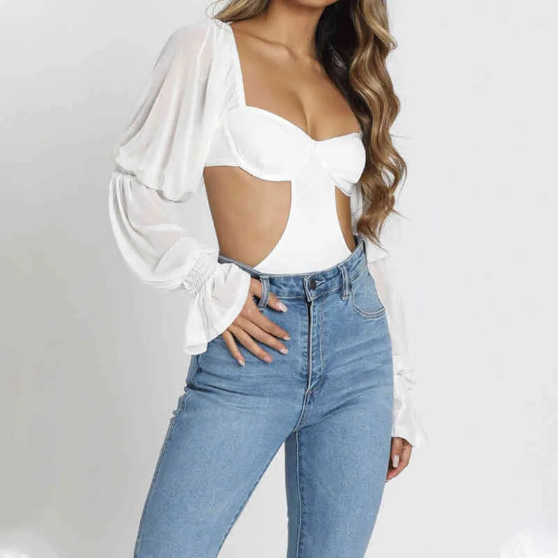 Sexy Malha Costura Slow Sleeves Senhoras Bodysuit Tops Chic Streetwear Manga Longa Hollow Out Lace-up Backless Slim Jumpsuit 210517