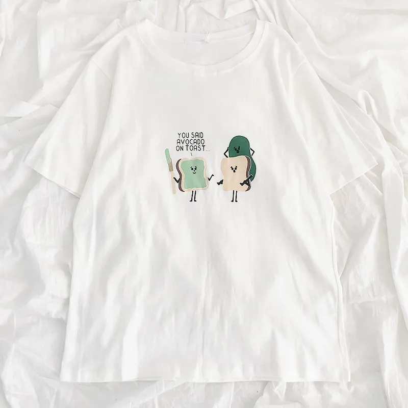 Kimutomo T-shirt stile giapponese Donna Cartoon Stampa lettera O-Collo Manica corta Top semplici Moda estiva allentata 210521