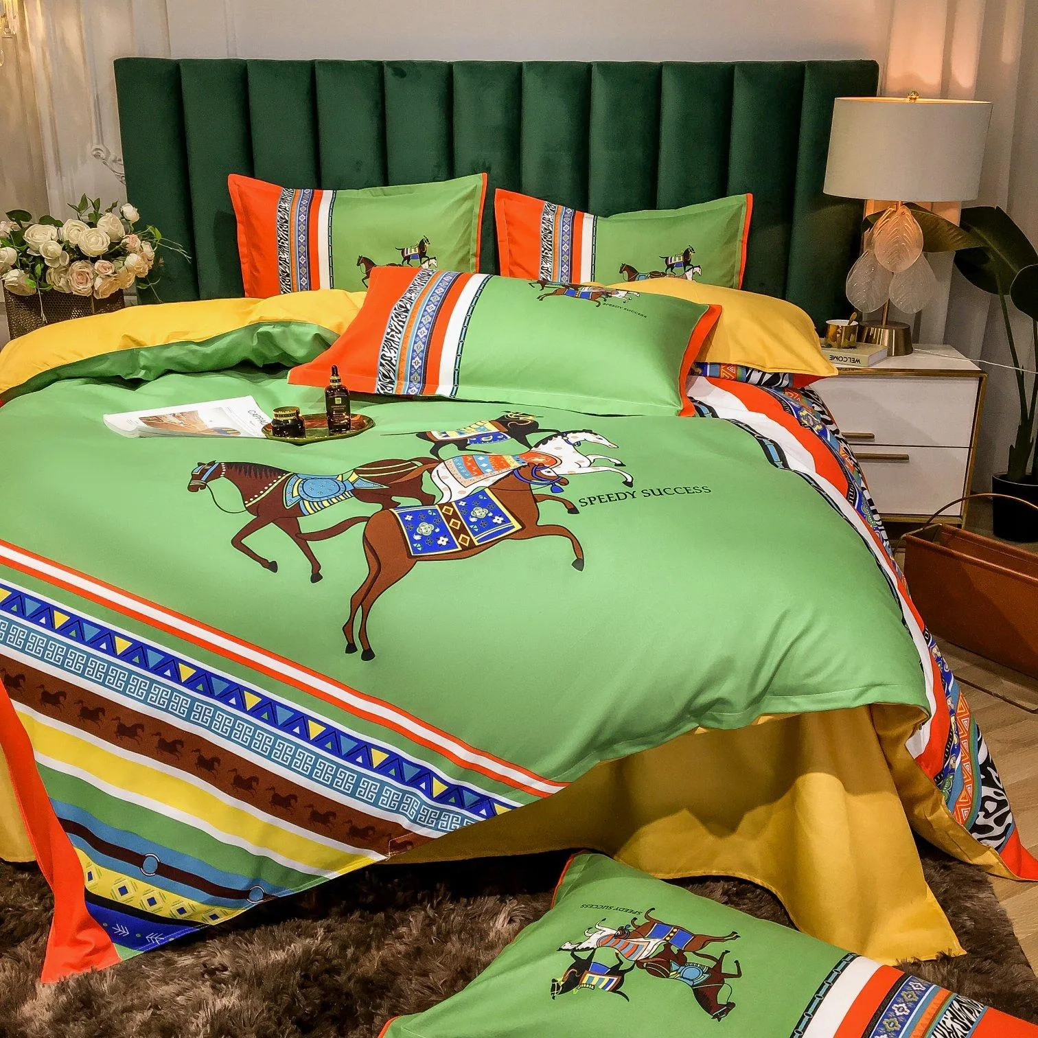 Set di biancheria da letto di design verde Copripiumino Set di trapunte di lusso di alta qualità stampate alla moda della Boemia