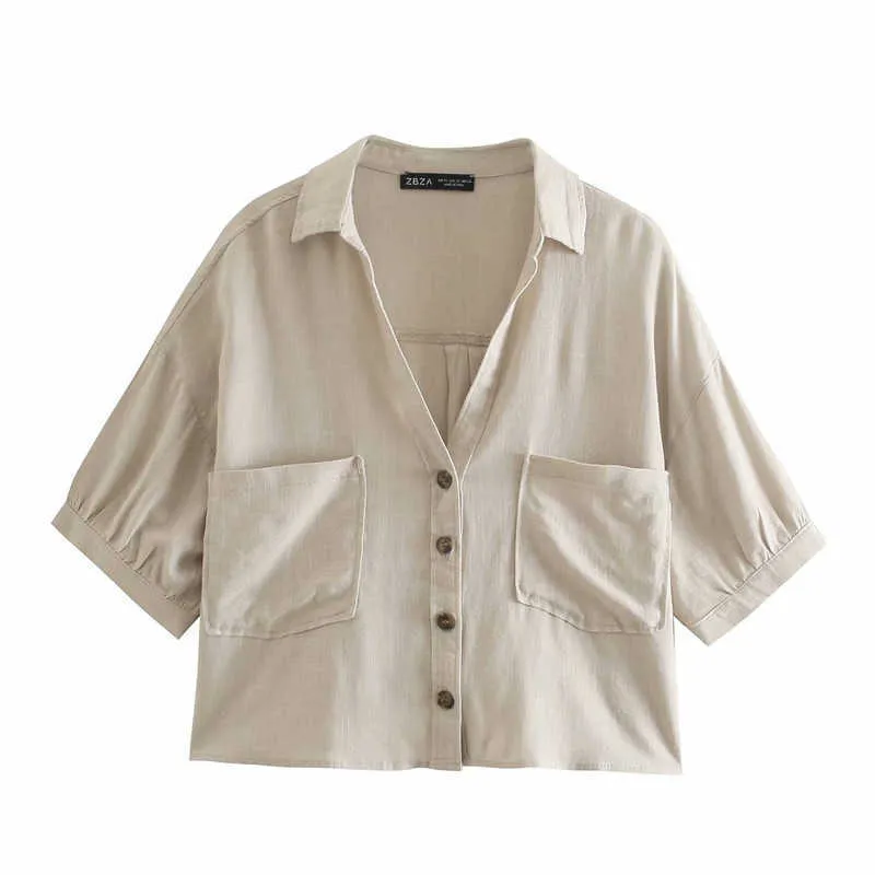 Za recortada camisa de verano de lino para mujer de manga corta abotonada Vintage Top femenino bolsillos de parche rosa verde blanco blusa camisas 210602