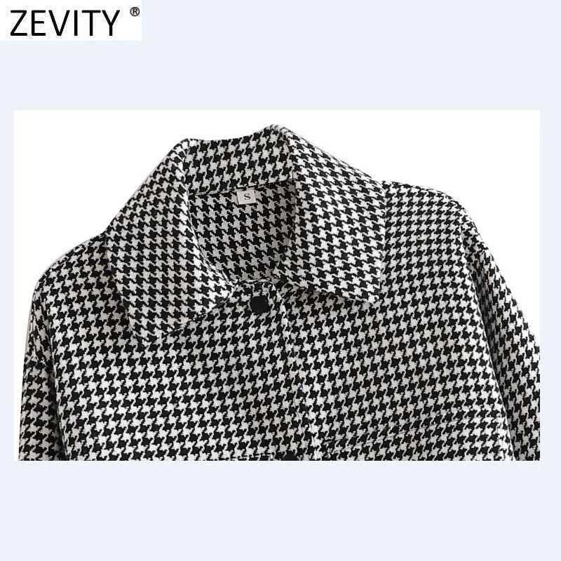 Zevity Women Vintage Trimming Tassel Decoration Houndstooth Shirt Coat Female Long Sleeve Casual Outwear Jackets Chic Tops CT674 210603