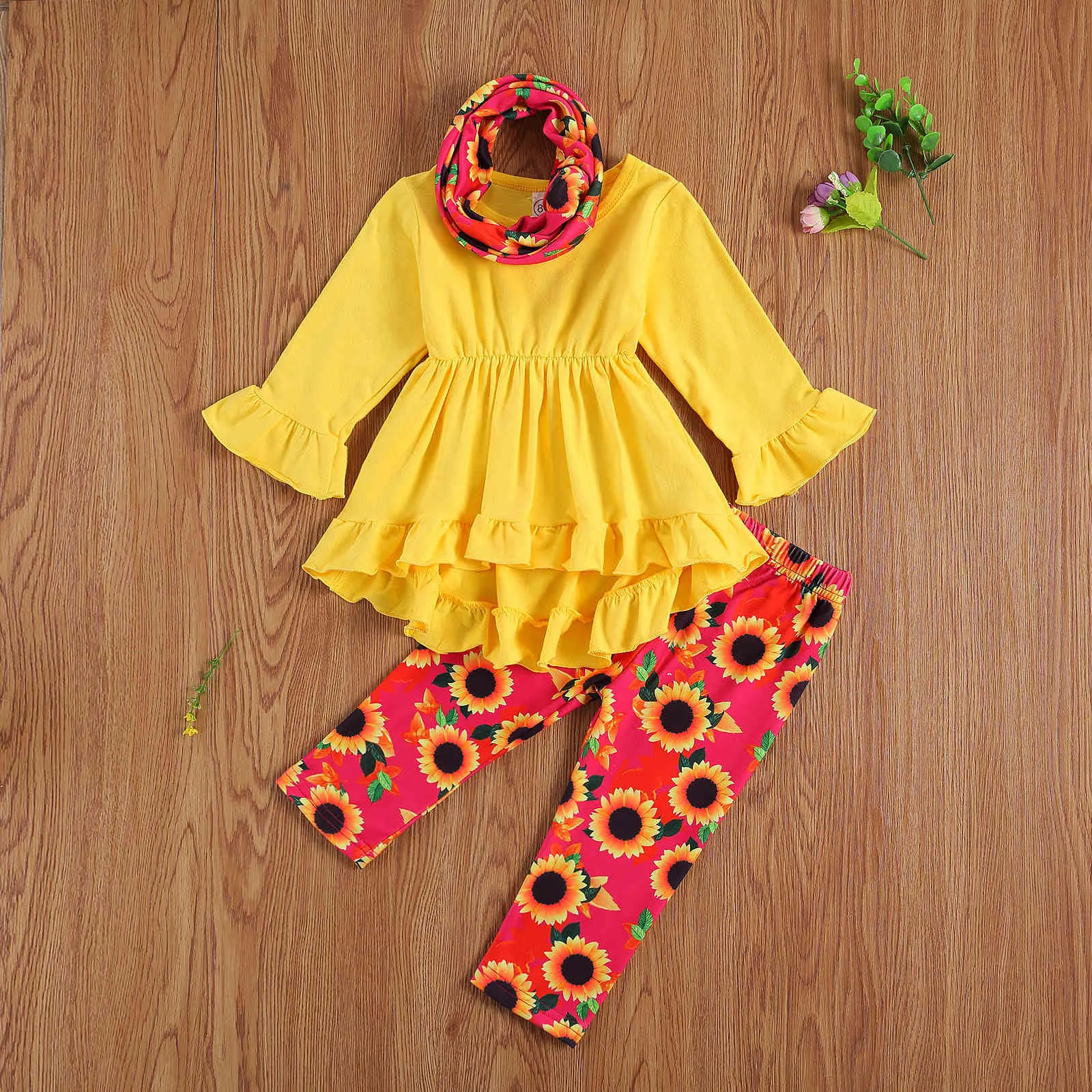 1-6y outono primavera toddler criança meninas roupas conjunto ruffles túnica tops flor calças crianças roupas de girassol 210515