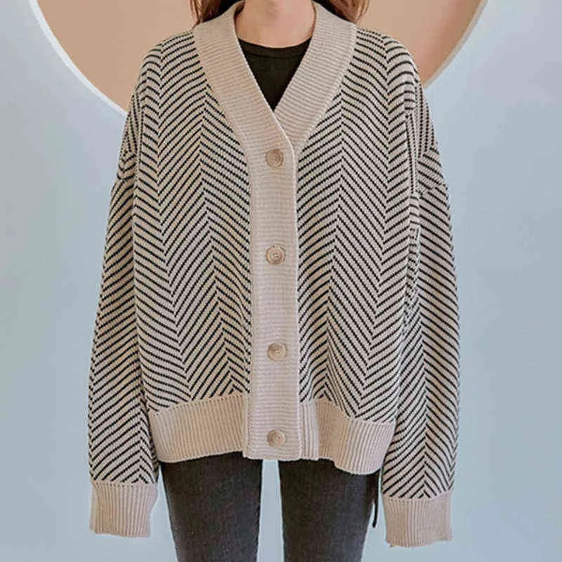 Dorywczo dzianiny Cardigan Oversize Przycisk Przedni Kontrast Stripe Cardigan Jesień Zima Kobiety Sweter Feminino Topy * 211103