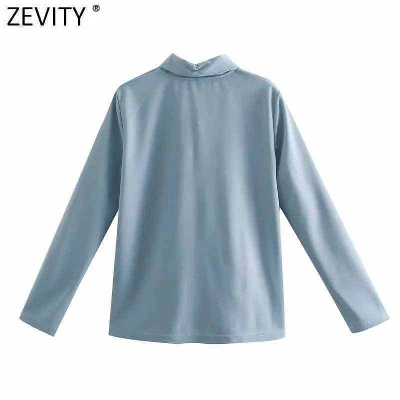 Zevity Femmes Mode Col Montant Noué Solide Casual Smock Blouse Femme D'affaires Kimono Chemises Chic Blusas Tops LS7664 210603