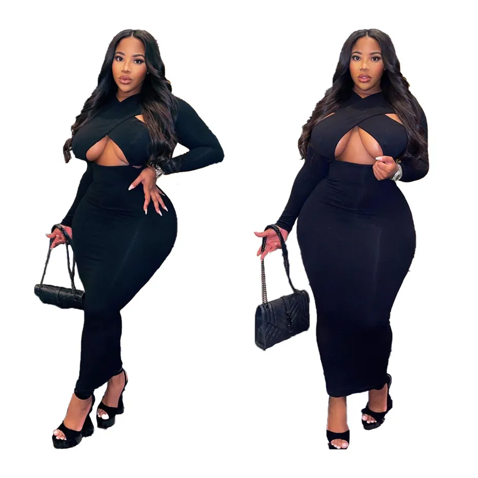 Mulheres Plus Size Vestidos Casual Manga Longa Primavera Maxi Hollow Out Alta Qualidade Elegante Luxo Clubwear Mulheres Roupas K8459