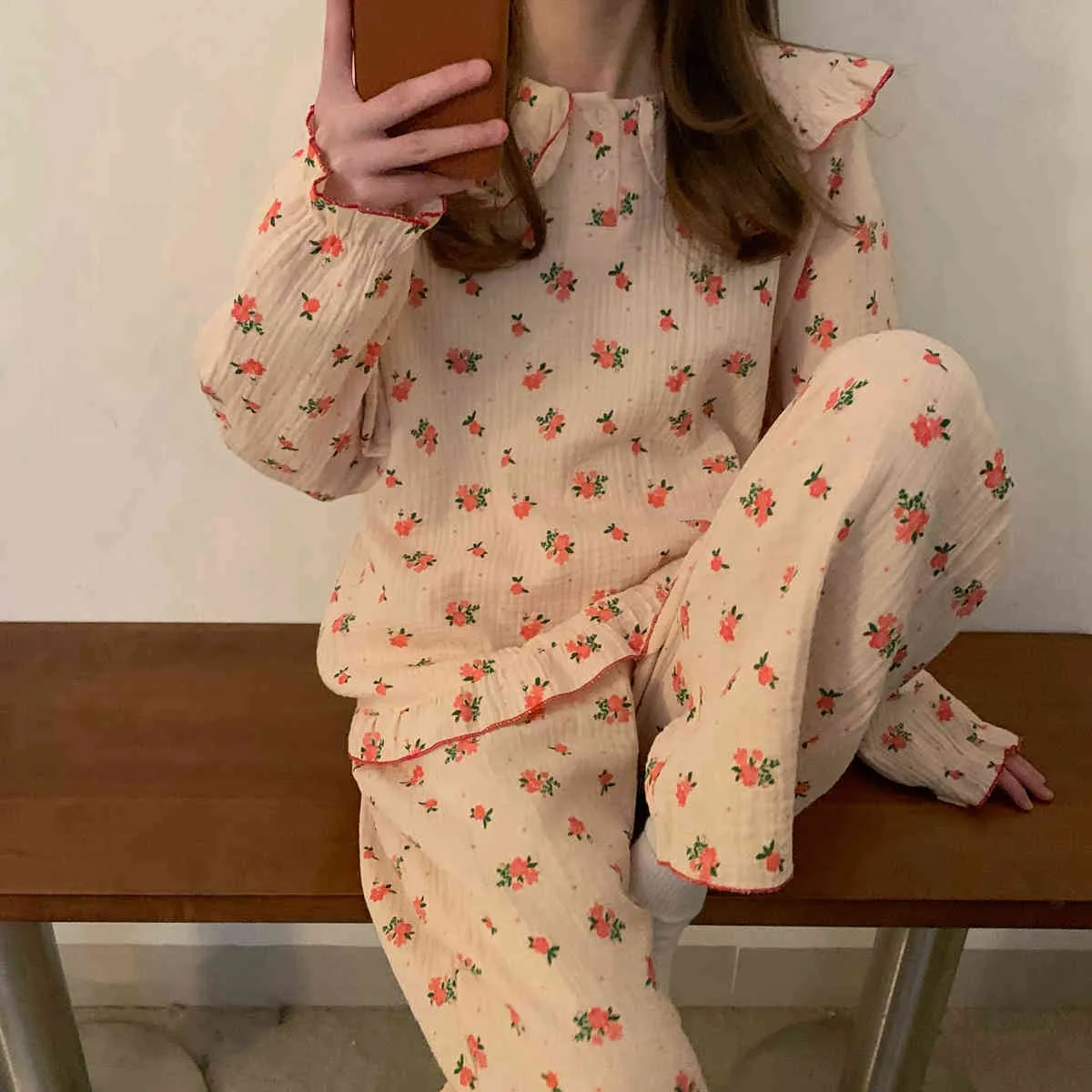 Soft Princess Stampato Ragazze Sleepwear Cute All Match Homewear Cotton Florals Donna Pigiama dolce allentato Set 210525