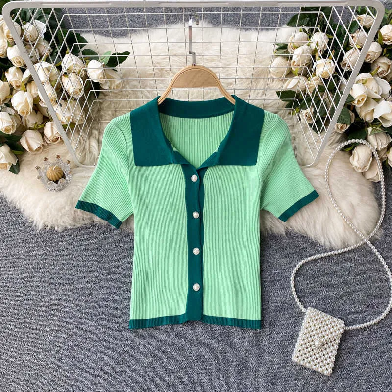 Polo à manches courtes Femmes Mode Boutons d'été Tricot Cardigan Crop Top Couleur Match Slim Stretch Casual Femmes T Tops 210603