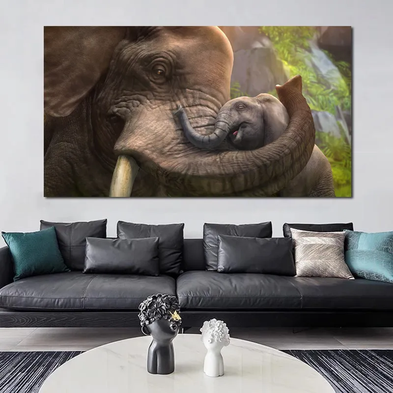 Elefante Mãe e Sol Cartaz Pintura de Lona Arte Da Parede de Livro para sala de estar Animal Impressões Casa Decoração Indoor Decorações