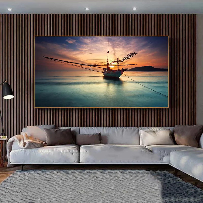 Poster di barche al tramonto di grandi dimensioni, pittura su tela di paesaggio, immagini di arte della parete soggiorno, decorazioni la casa moderna, paesaggio marino