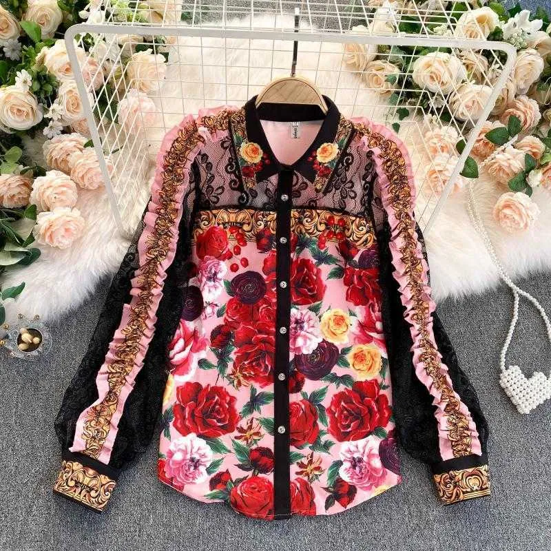 Conjunto de 2 piezas de estilo europeo para mujer elegante estampado floral ahueca hacia fuera camisa de encaje y falda corta de cintura alta trajes trajes 210603