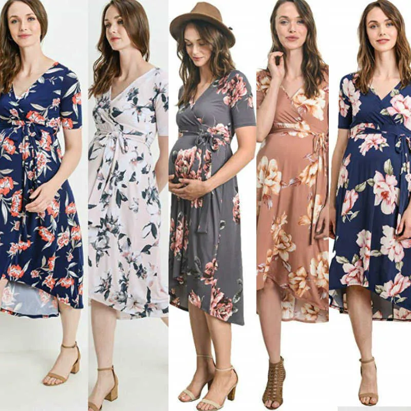 Vestido de maternidade verão novo europeu e americano feminino com decote em v impresso cinto saia longa vestido de maternidade pw15