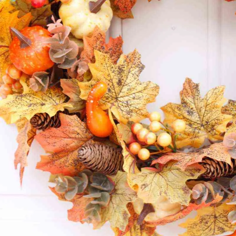 Sztuczny wieniec Garland Rattan Ramka z dyni, jagody, stożek sosnowy i liści klonu Dziękczynienia jesień Dekoracje 211104