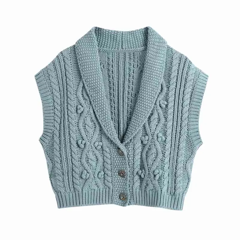 春の女性Vネックボタン装飾かぎ針編み編み短いセーター女性ノースリーブプルオーバーカジュアルな女性緩いトップスSW1167 210430