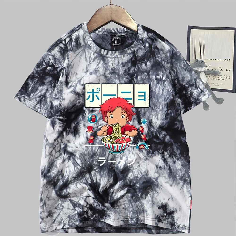 Ramen Cute Anime manga corta cuello redondo Tie Dye Casual suelta Uniex camiseta Y0809