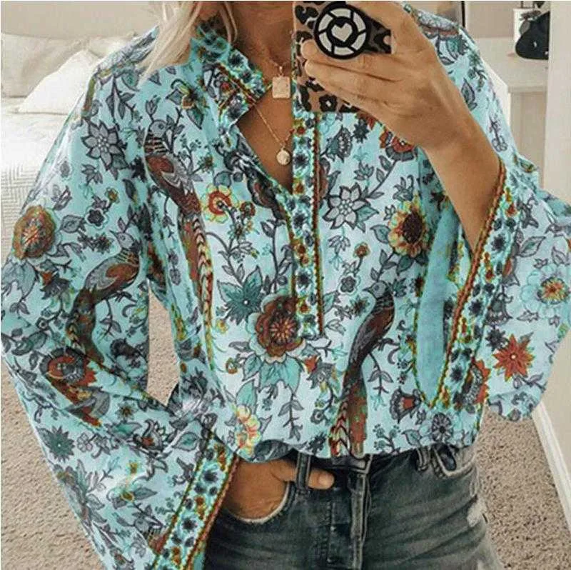 Boho Blouse Floral Print Footern Рубашка рукава Сексуальная шнуровка кисточка o шеи женские топы весна лето шикарные блузки 5xL 210721