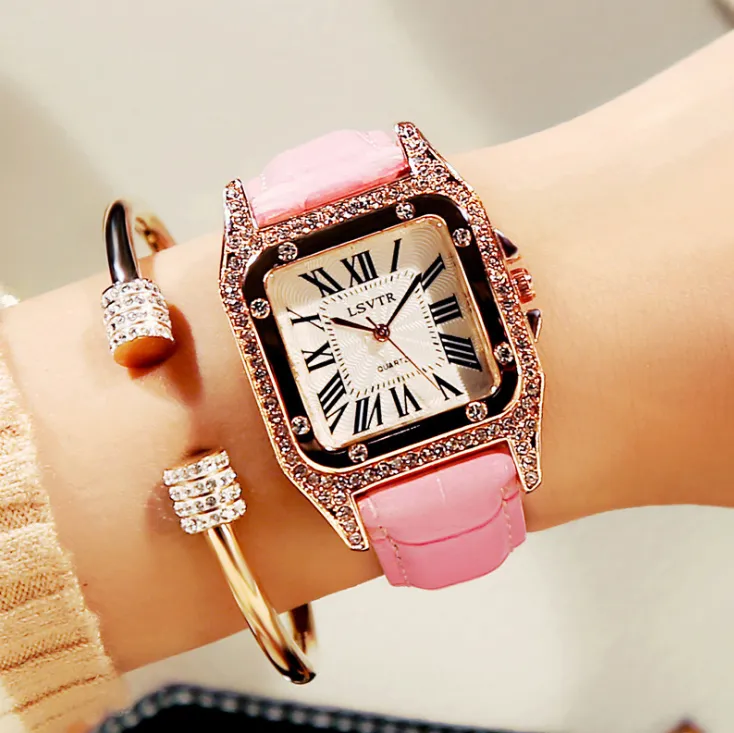 Vintage Female Watch Rhinestone Fashion Student Quartz Watches Real Leather Belt Square Diamond Inset Mineral Glass Womens Wristwa318v