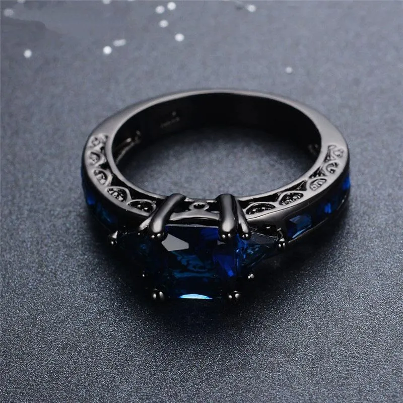 Обручальные кольца, модные квадратные синие сапфиры с фианитом для женщин, черное позолоченное кольцо с камнем, ювелирные аксессуары260s