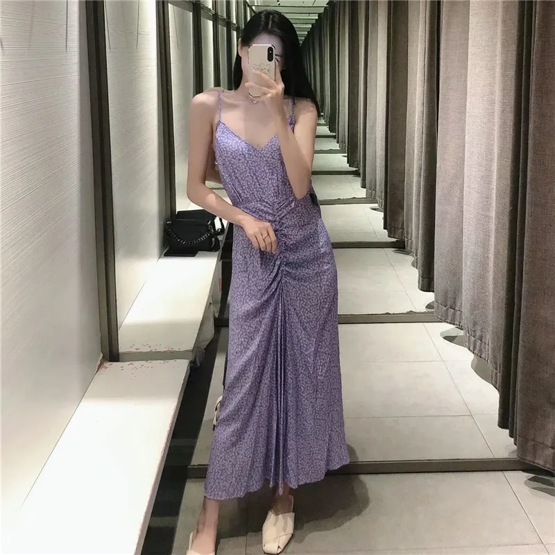 Dress Women Purple Print Draped Slip Summer Long Dresses Ruched Spaghetti Strap Sexy Backless Party Woman 210519