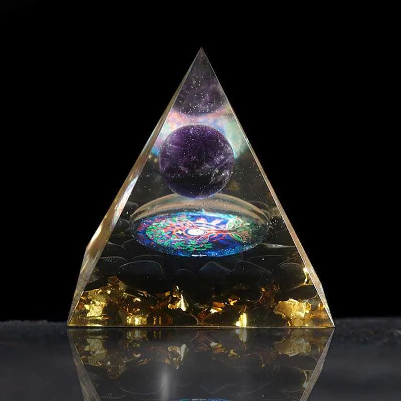 Pyramide d'orgonite 60mm Sphère de cristal d'améthyste avec obsidienne Cristal naturel Pierre Orgone Énergie Guérison Reiki Chakra Multiplicateur 210804