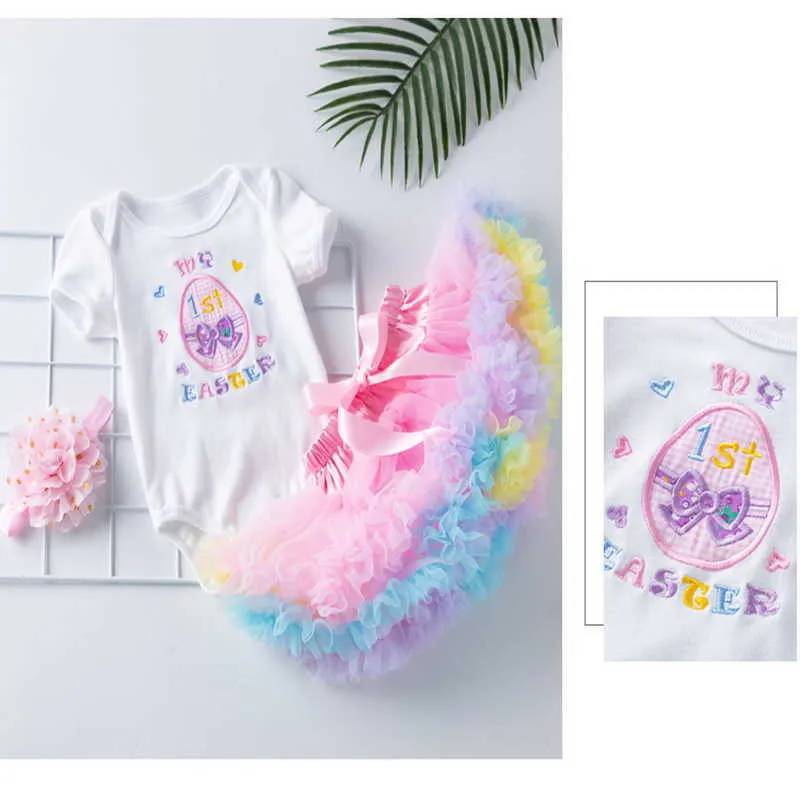 夏の赤ちゃんの女の子2  -  PCSセット刺繍イースターエッグ文字Tシャツ+弓チュチュスカート衣装子供ジャンプスーツE014 210610