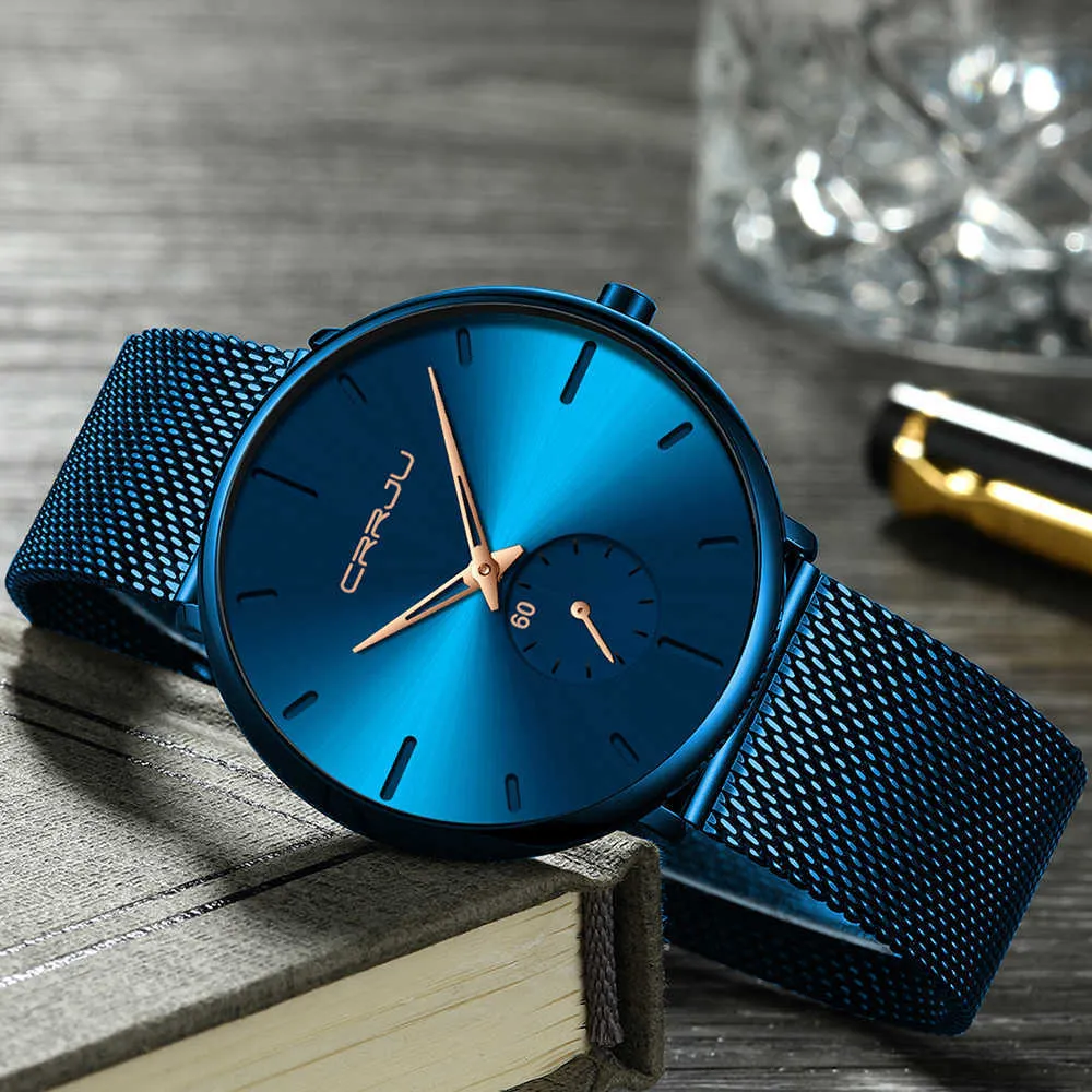 Crrju Fashion Blue Men Watch Top Luxury Brand Minimalist Ultra-Thin Quartz Watchカジュアル防水時計Relogio Masculino X0625277I