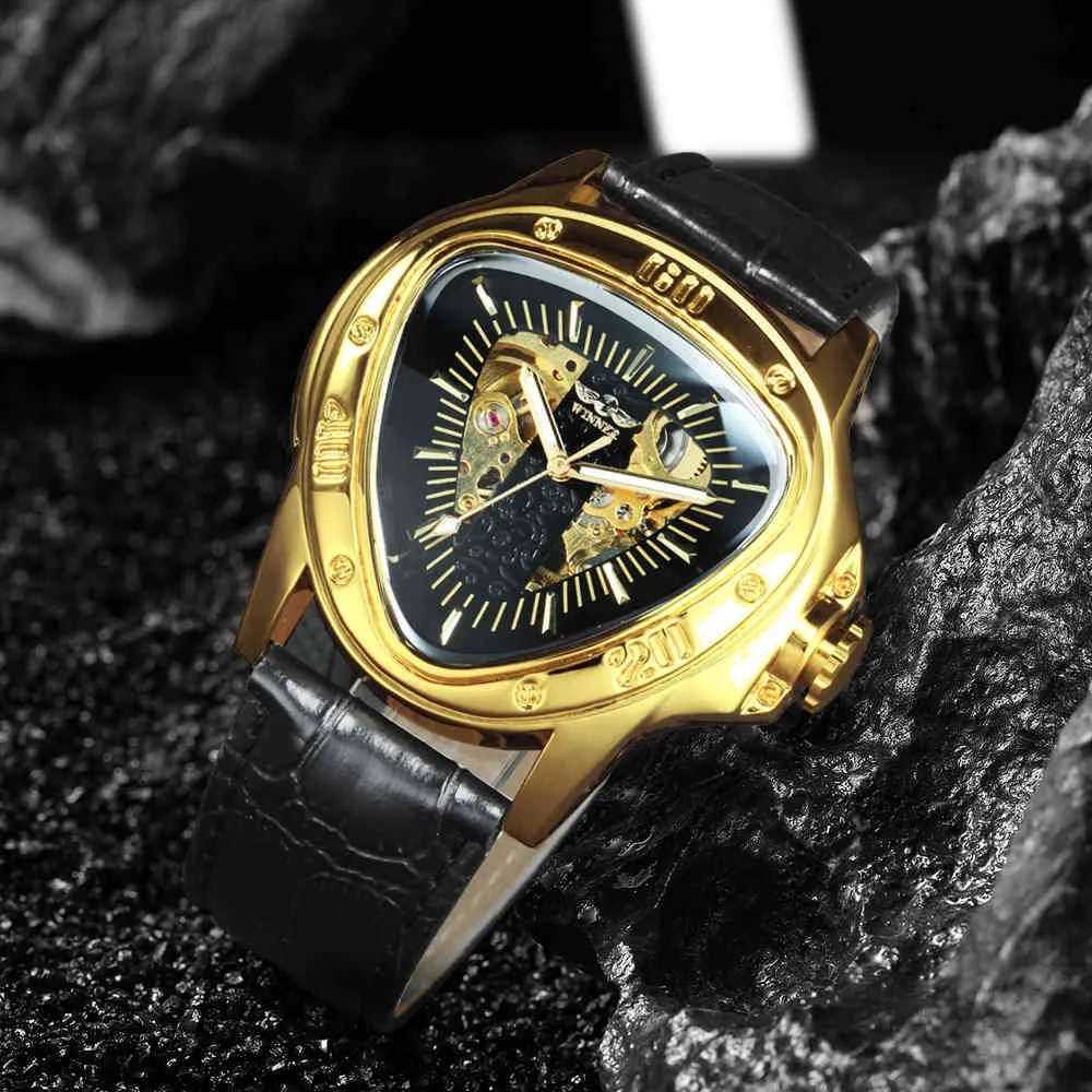 Официальные часы WINNER, мужские автоматические механические часы для мужчин, лучший бренд класса люкс, скелетон, треугольник, золото, черный 210329282q