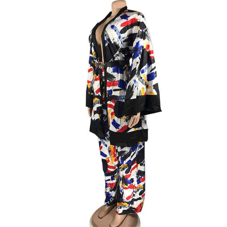 Primavera 2 pezzi Set Casual Tuta Donna Flare Sleeve Patchwork Top lungo e pantaloni Completi Abiti Abiti africani 211106