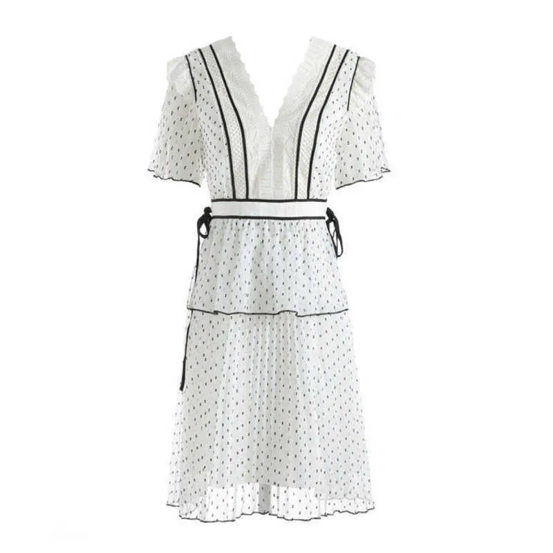[DEAT] Sommer Mode V-ausschnitt Hohe Taille Rüschen Kurzarm Polka Dot A-linie Elegante Mini Kleid Frauen 13D024 210527