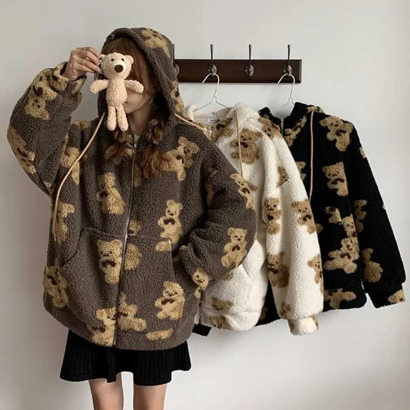 Felpe con cappuccio da donna Zipper Teddy Coat Harajuku Loose Kawaii Clothes s Corea Felpa con cappuccio oversize 210914