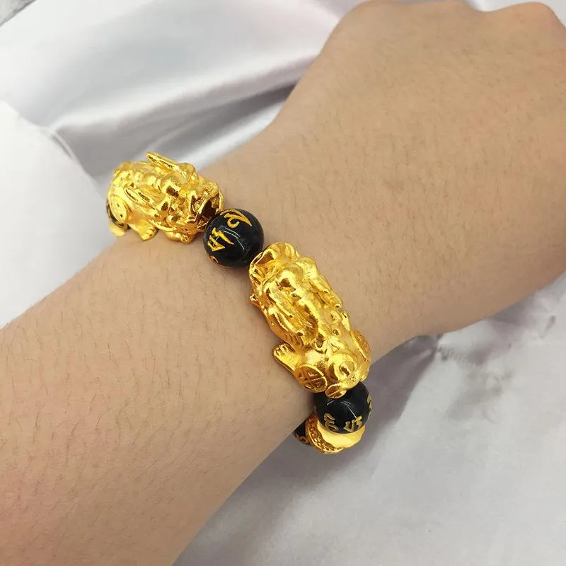 Bracelets de charme Bracelet en or Imitation Vietnam Shakin Mantra à six caractères Perlé Sable Bonne chance Chinois Double Pixiu Jewelry335w