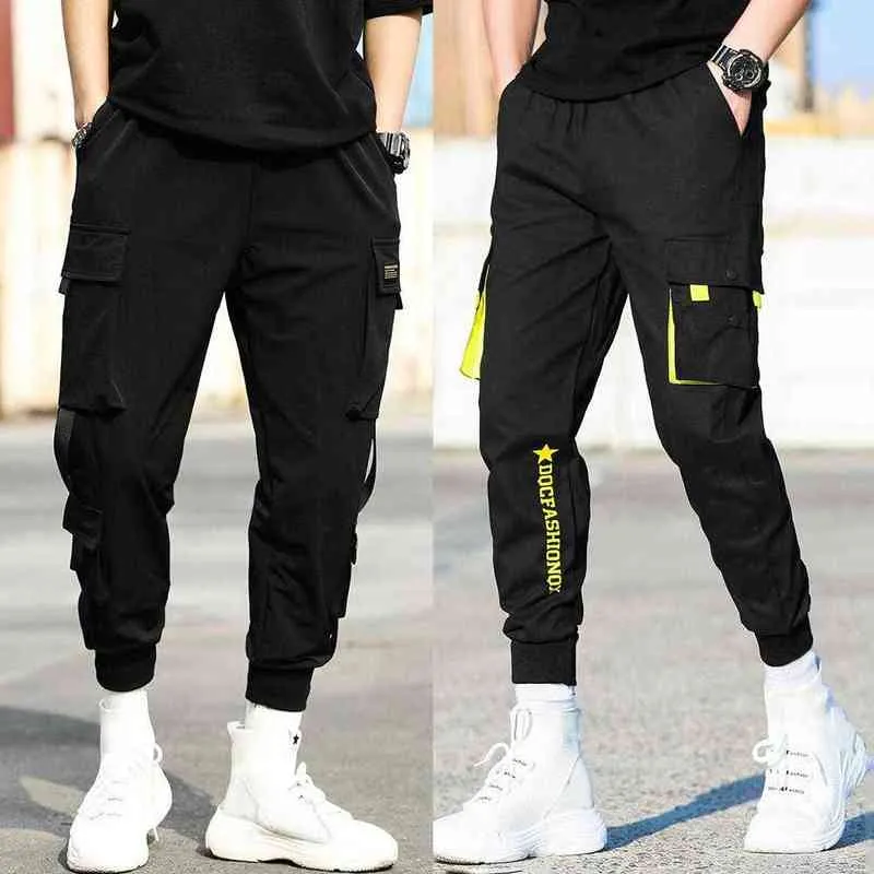 Casual Männer Atmungsaktive Ankle Krawatte Tasche Kordelzug Cargo Hosen Neunte Hosen 2021 Hip Hop Junge Multi-tasche Männlichen Knöchel-länge Hose H1223