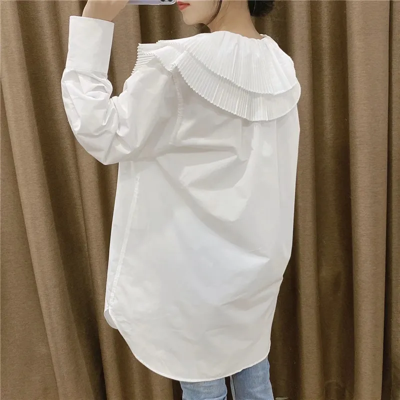 Chemise longue blanche surdimensionnée à volants pour femmes Printemps Plus Taille Manches Top Femme Mode Casual Bouton Up 210519
