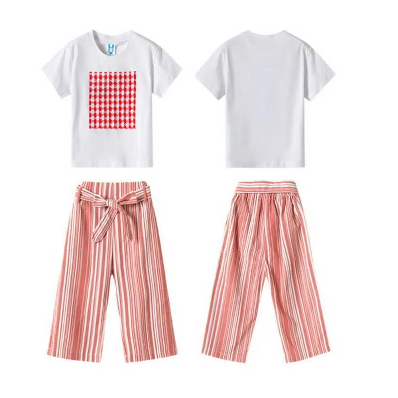 Letnia nastoletnia dziewczyna 2 sztuka zestawy biała koszula + czerwone spodnie w paski dla dzieci ubrania dziewczyny E2053 210610