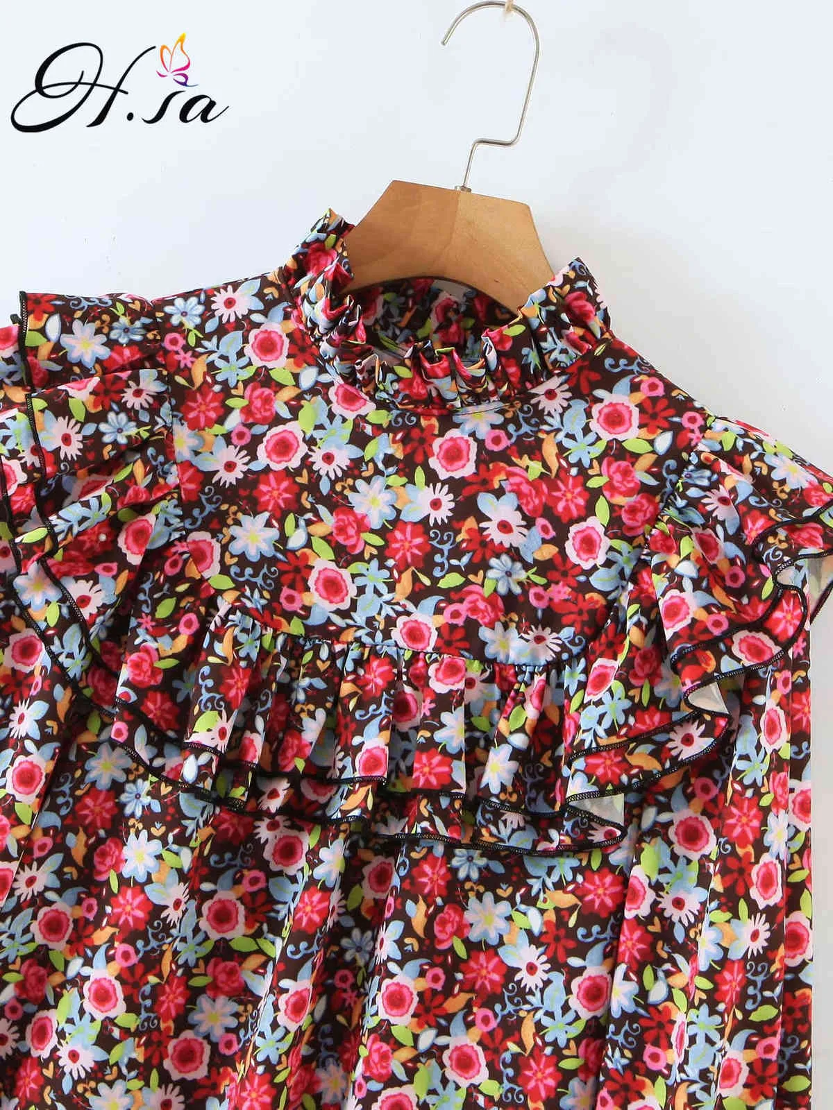 HSA Women Ruffles Bluses Floral Casual Shirts Ladies Chiffon Print Tops Streetwear Female Chic Stand Collar Loose Blusa 210716