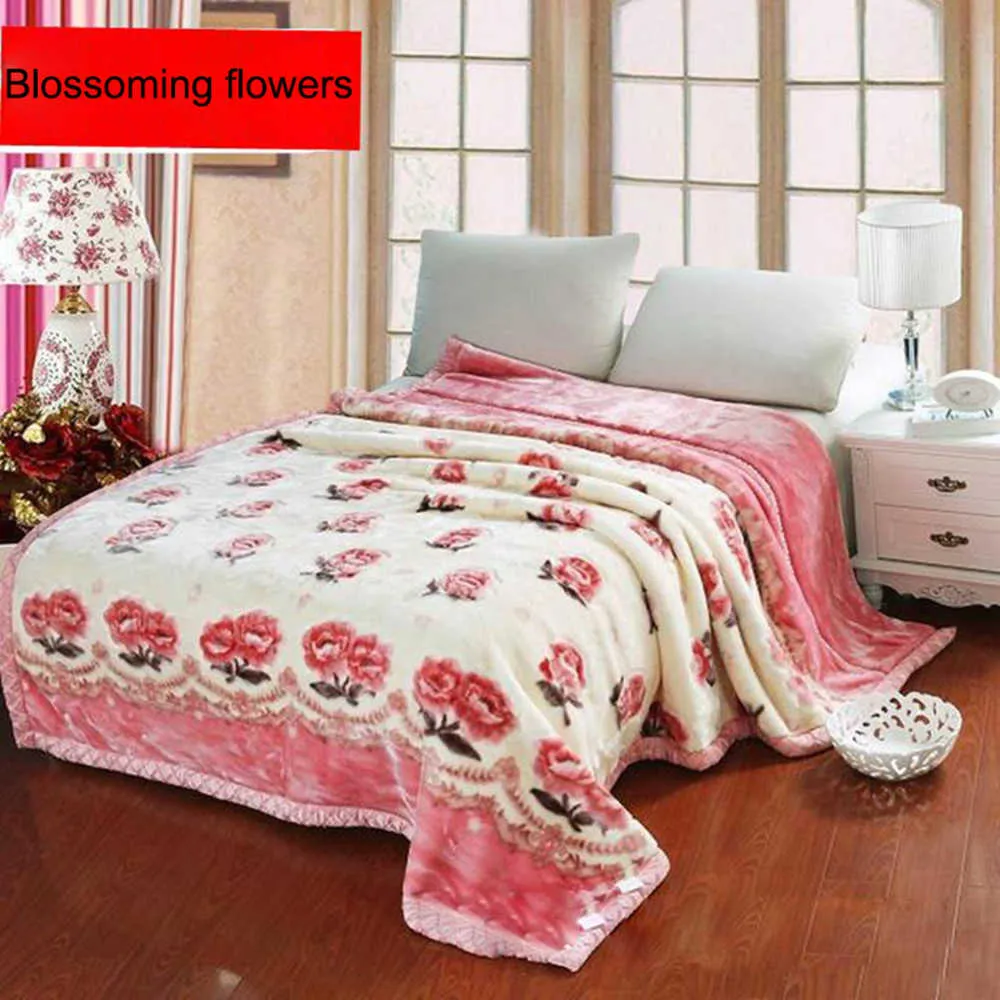 Double Layer Winter Thicken Raschel Plush Weighted Blanket For Double Bed Warm Heavy Fluffy Soft Flowers Printed Throw Blankets 20224S
