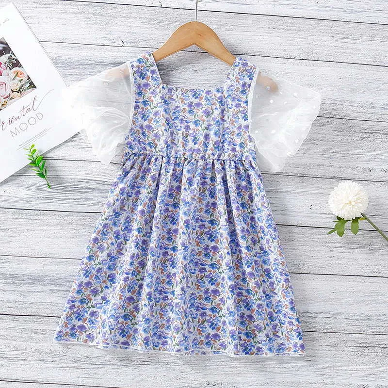 Verão Crianças Meninas Vestido Rosa Roxo Floral Curto Malha Dot Mangas Menina Vestidos Crianças Roupas Casuais E76 210610