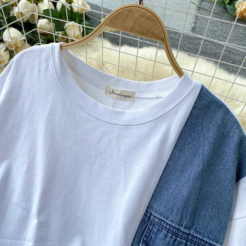 Demin Patchwork Kausal Kurzarm Frau T-shirts Sommer Oansatz Grafik T-stück Koreanische Mode Tops Weibliche 6J151 210603