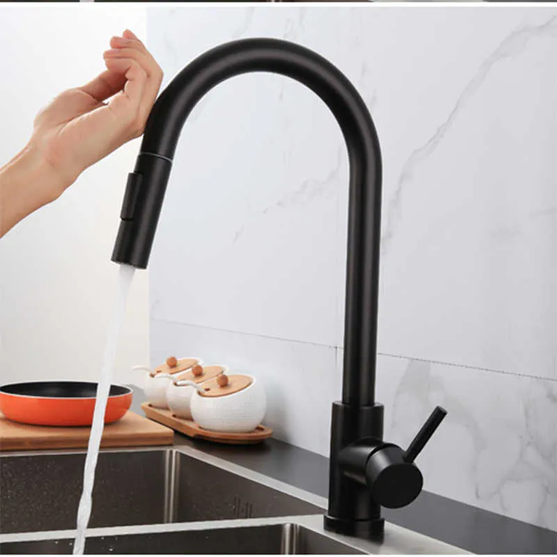 Matowy Czujnik Czujnik Kitchen Kitchen and Cold Rotating Spring Kitchen Faucet Household Smart Indukcja Mieszane Tap 210724