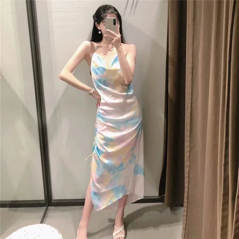 Tie Dye Halter Robe Longue Femmes Dos Nu Slip Midi D'été Femme Robes Ruché Élégant Sexy Partie 210519