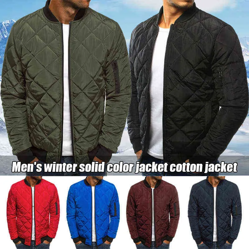 Veste matelassée matelassée pour hommes, fermeture éclair décontractée, hiver chaud, bombardier à carreaux, manteau coupe-vent, vêtements d'extérieur 211217