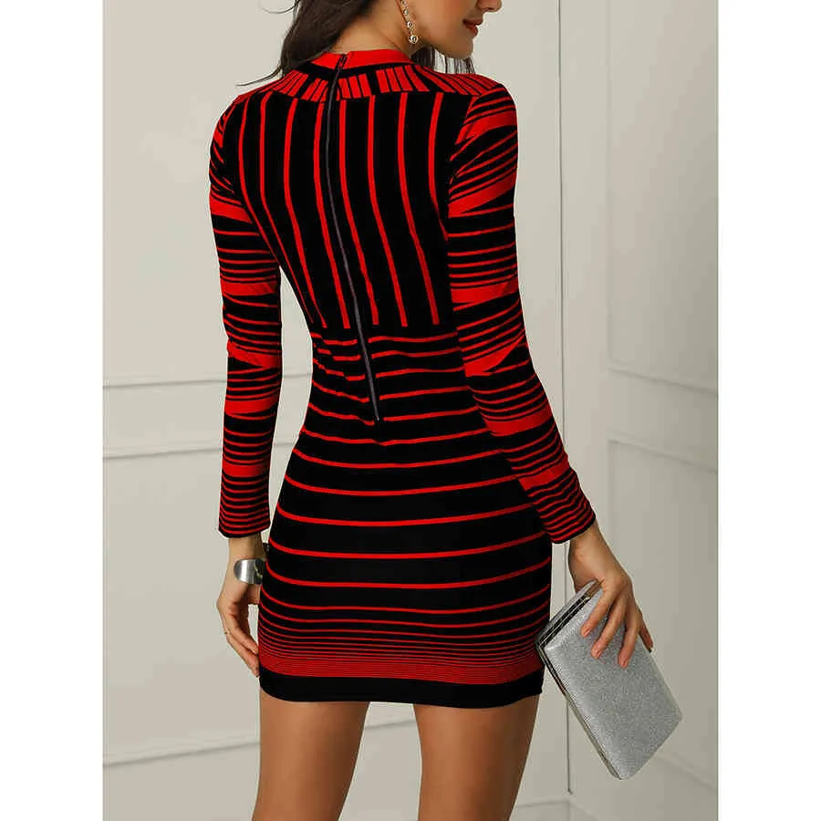 Autumn and winter new women s long sleeved red striped print sexy bag hip tight dress elegant fashion ladies round neck slim dre 210325