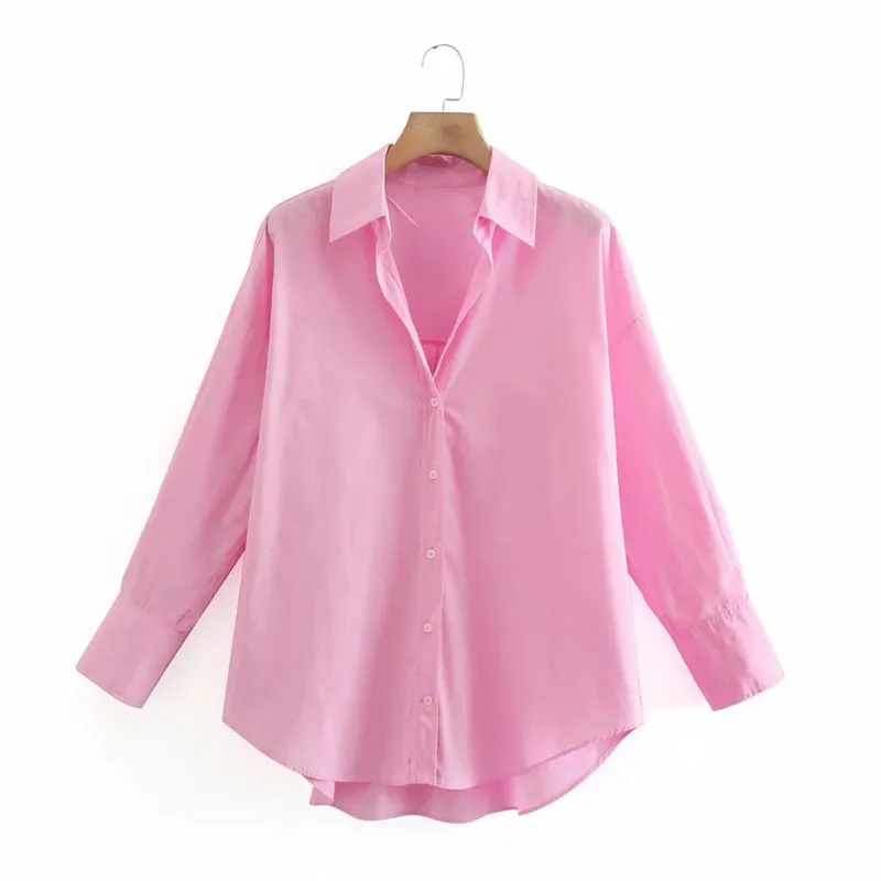 Top vrouw gele knop omhoog shirt vrouwen lange mouw lente kantoor blouse vrouwelijke asymmetrische zoom chic roze 210519